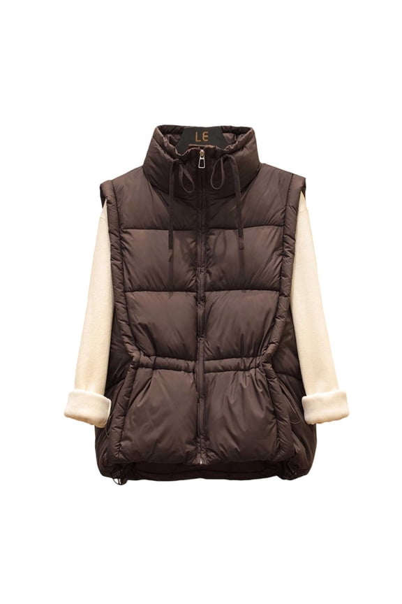 Quilted Puffer Vest for Women Lightweight Sleeveless Jacket Solid Zip Up Stand Collar Coats Fall Winter Clothes Coffee L