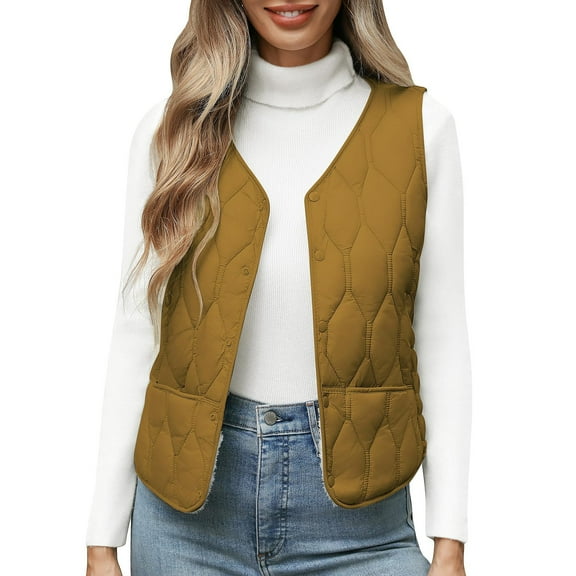 Htigea Quilted Puffer Vest for Women lightweight Fall Spring Short Jacket Winter Warm Snap Button Fleece Gilet with Pockets Brown S