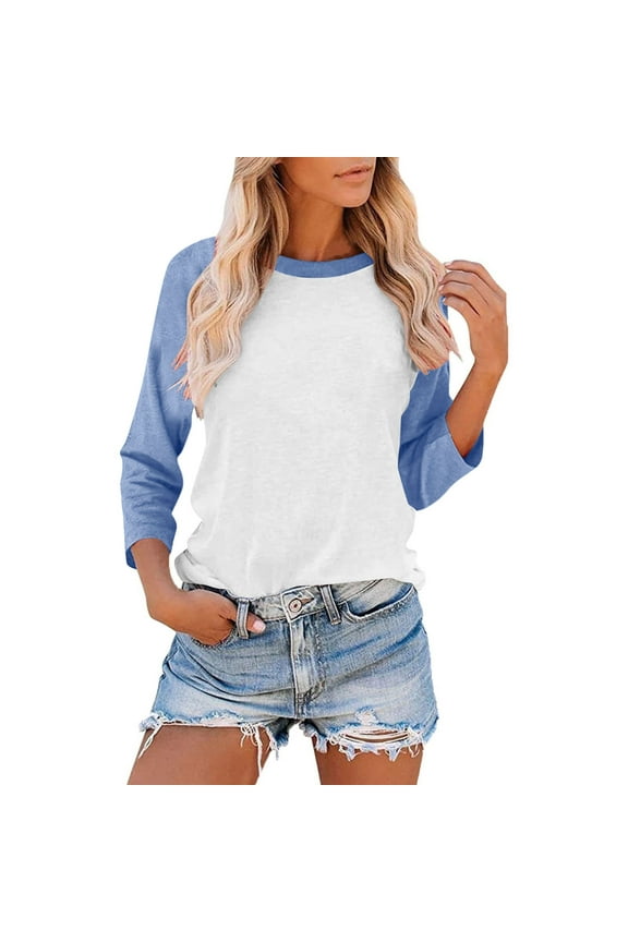 Raglan 3/4 Sleeve Tops for Women Trendy Patchwork Pullover Tee Crewneck Baseball Sport Tshirt Blue,S