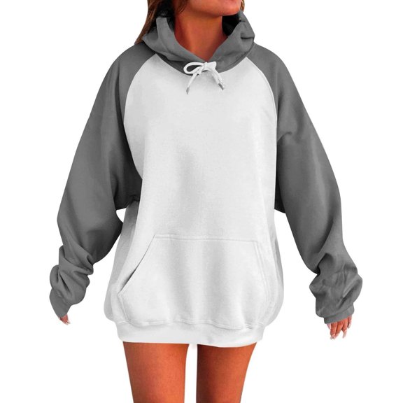 Htigea Raglan Sweatshirts for Women Oversized Hoodies Color Block Pullover Fall Tops | Fashion 2026, Loose Fit, Pocket, Hooded, Preppy Long Sleeve, Pocket Gray S
