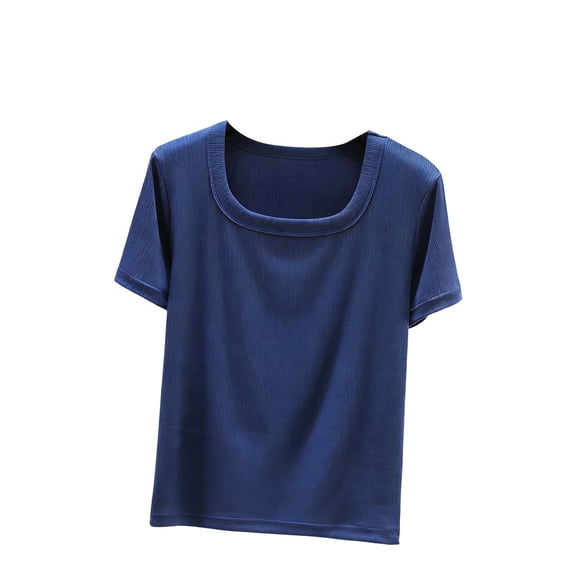 Htigea Ribbed T-Shirts for Women Short Sleeve Square Neck Tees Summer Slim Fitted Going Out Tops Navy XXL