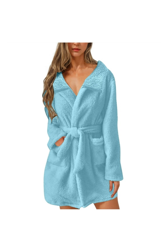 Robes for Women Belted Soft Fleece Loungewear Short Terry Cloth Spa Bathrobes Winter Warm Shower Robe Light Blue,L