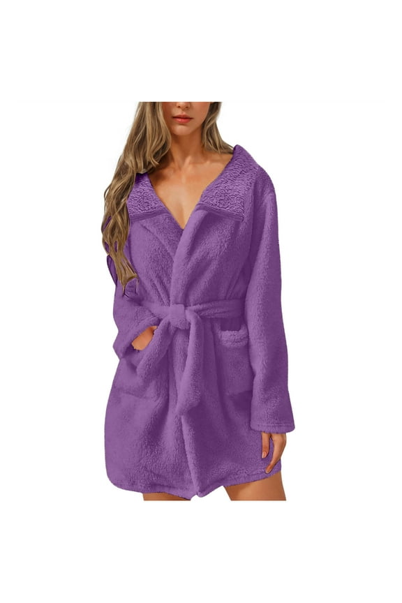 Robes for Women Belted Soft Fleece Loungewear Short Terry Cloth Spa Bathrobes Winter Warm Shower Robe Purple,L