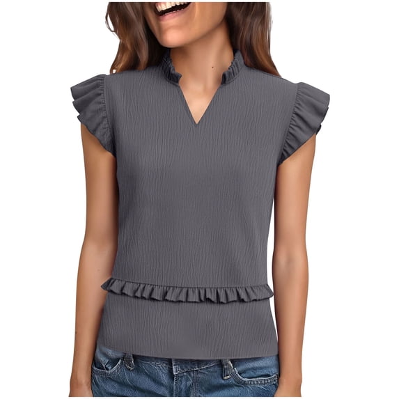 Htigea Ruffle Sleeveless Shirts for Women V Neck Stretch Slim Fit Blouses Cute Tee Solid Color Summer Tops Gray M