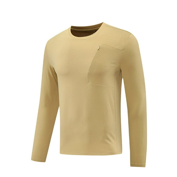 Dagegui Running Training T-Shirt for Men Crewneck Long Sleeve Breathable Outdoor Hiking Athletic Tops with Hidden Pocket Khaki XXL