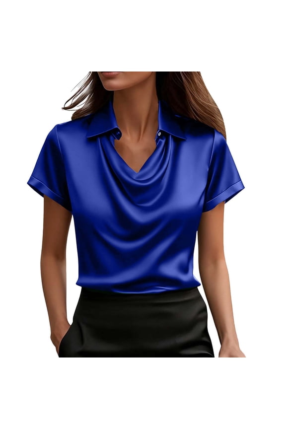 Satin T-Shirt for Women Elegant Drape Cowl Neck Short Sleeve Tops Collared Business Office Dressy Blouse Blue L