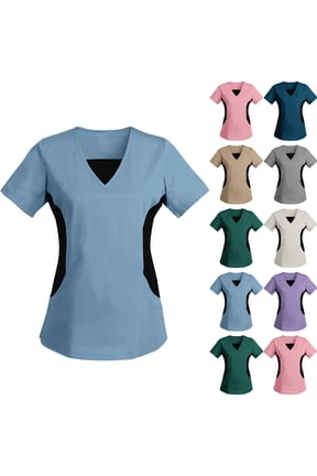 Htigea Scrub Tops for Women, V-Neck Women's Scrub Tops, Scrubs Stretchy Medical Uniform with Pockets Blue,L