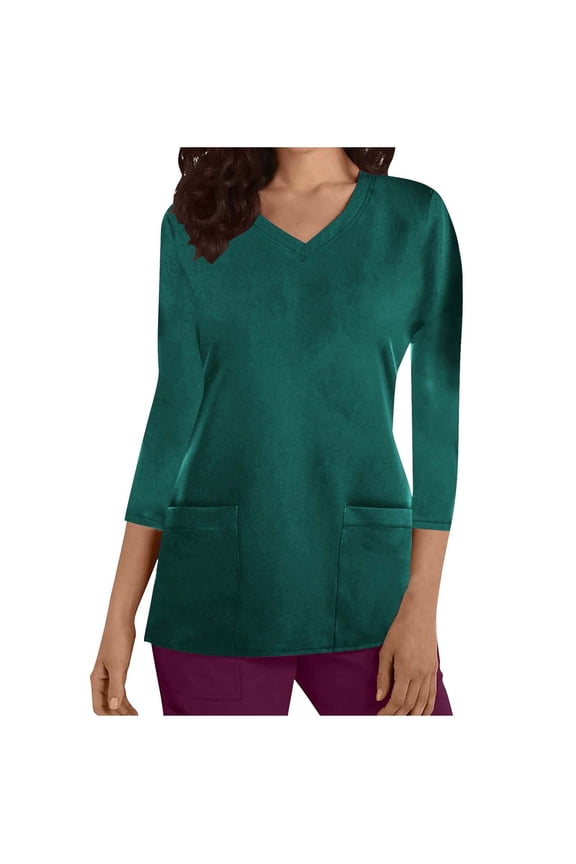 Scrubs for Women Solid Color V Neck 3/4 Sleeve Dressy Nursing Tops with Pocket Basic Workwear Uniform Shirts Green,L