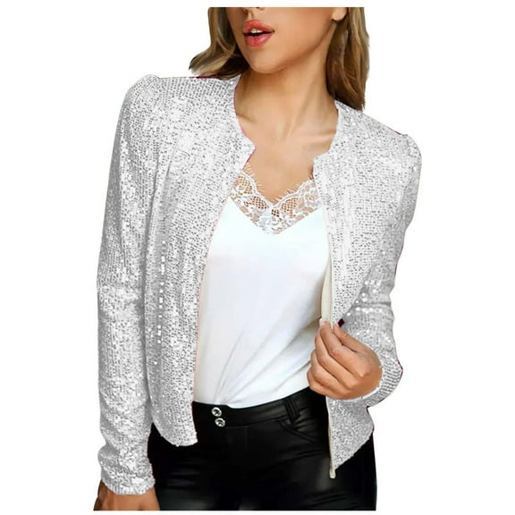 Htigea Sequin Blazer Jackets for Women Casual Open Front Cardigan Jacket Long Sleeve Short Coats Holiday Party Tops Beige S