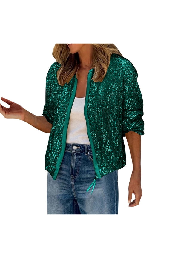 Sequin Jackets for Women Casual Bomber Jacket Zip Up Long Sleeve Party Tops Trendy Streetwear Outerwear Green L