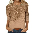 thumbnail image 1 of Htigea Sequin Shirts for Women 3/4 Length Sleeve Crewneck Pullover Tunic Top Sparkle Holiday Party Blouses Brown L, 1 of 5