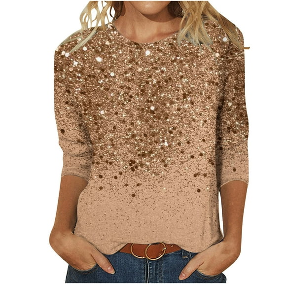Htigea Sequin Shirts for Women 3/4 Length Sleeve Crewneck Pullover Tunic Top Sparkle Holiday Party Blouses Brown XL