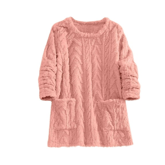 Htigea Sherpa Sweatshirts for Women Fleece Crewneck Pullover Tops with Pockets Soft Comfy Home Sleep Shirts Pink S