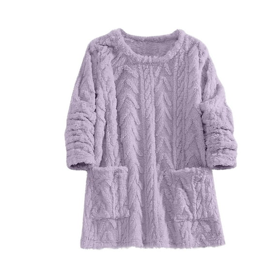 Htigea Sherpa Sweatshirts for Women Fleece Crewneck Pullover Tops with Pockets Soft Comfy Home Sleep Shirts Purple S