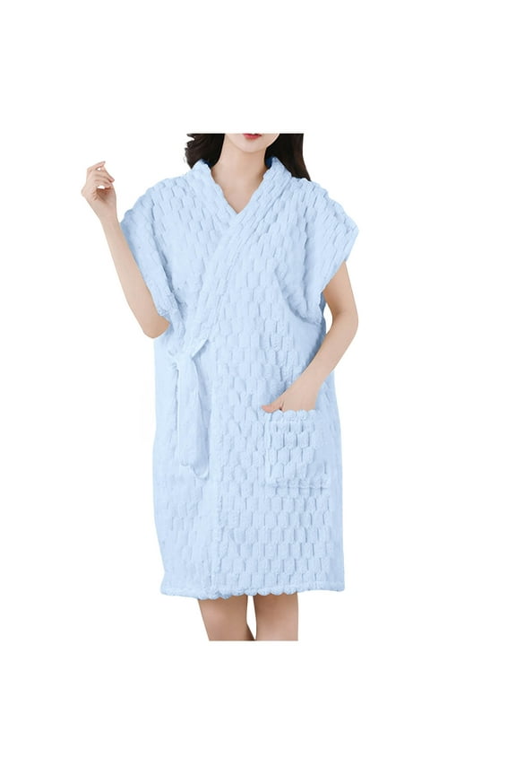 Short Bathrobe for Women Plush Lace Up Absorbent Shower Wrap Towel Soft Comfy Loungewear Robes Sky Blue,Free Size