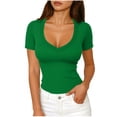 thumbnail image 1 of Htigea Short Sleeve Shirts for Women V Neck Summer Ribbed Tshirts Stretchy Slim Fit Basic Tees Green XL, 1 of 6