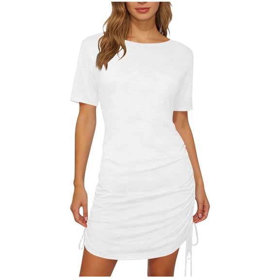 Htigea Short Sleeve T-Shirt Dress for Women Ruched Side Drawstring Mini Dresses Summer Crewneck Bodycon Dress White S