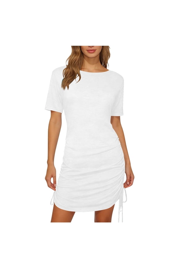 Short Sleeve T-Shirt Dress for Women Ruched Side Drawstring Mini Dresses Summer Crewneck Bodycon Dress White XXL