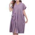 thumbnail image 1 of Htigea Shower Wrap Towel for Women Soft Terry Cloth Bathrobe Solid Color Lace-Up Absorbent Short Robe Purple,Free Size, 1 of 4