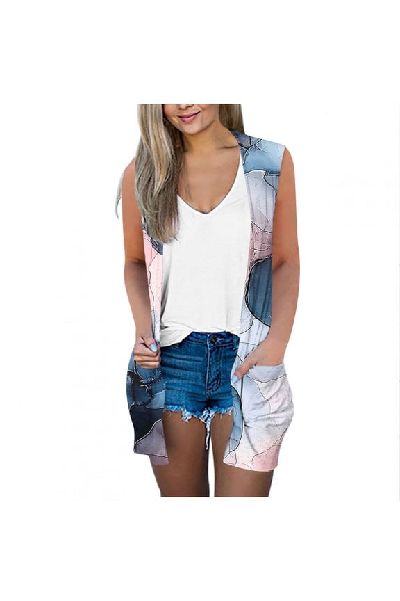 Sleeveless Cardigan Women Summer Lightweight Open Front Draped Vest Trendy Printed Duster Cardigans with Pockets Pink XL