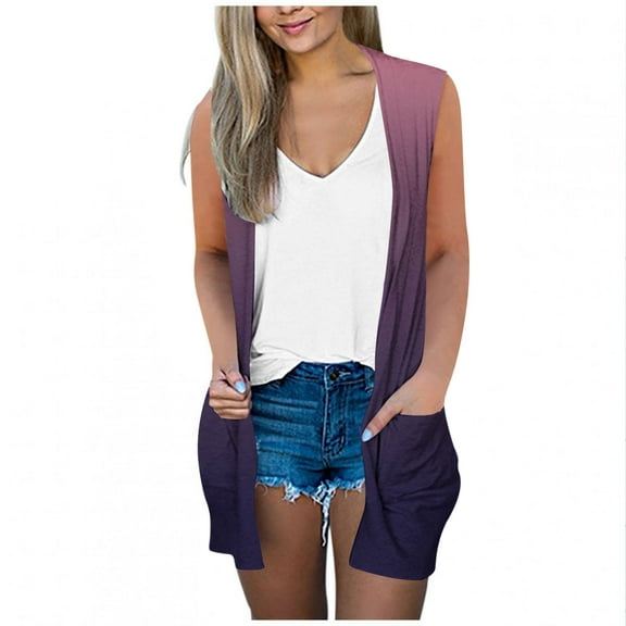 Htigea Sleeveless Cardigan for Women Gradient Color Long Cardigan Vest with Pocket Beachwear Purple,L