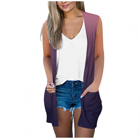 Htigea Sleeveless Cardigan for Women Gradient Color Long Cardigan Vest with Pocket Beachwear Purple,XL