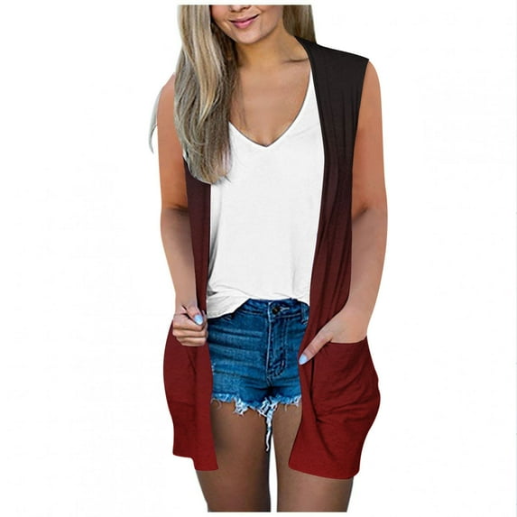 Htigea Sleeveless Cardigan for Women Gradient Color Long Cardigan Vest with Pocket Beachwear Wine,S