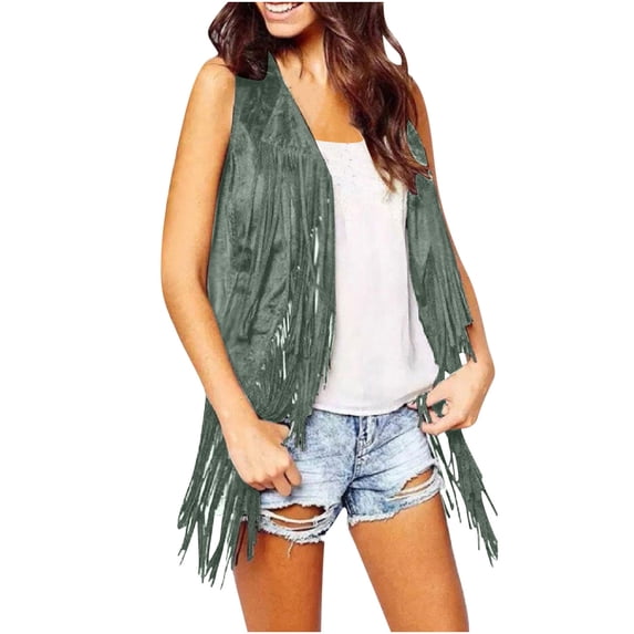 Htigea Sleeveless Jackets for Women Faux Suede Fringe Vest Fall Open Front Coats with Tassels Green M