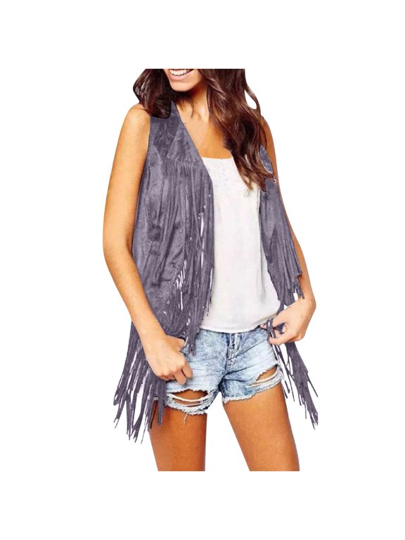Sleeveless Jackets for Women Faux Suede Fringe Vest Fall Open Front Coats with Tassels Purple L