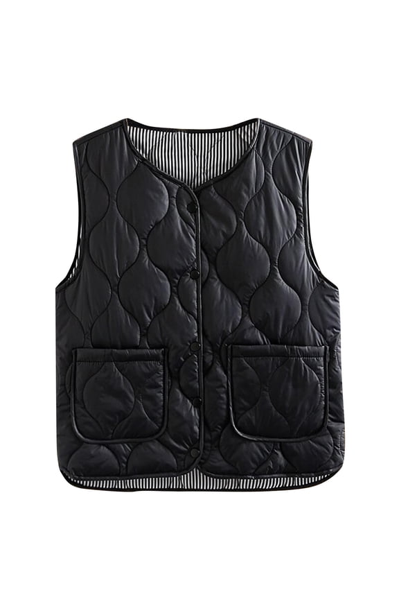 Sleeveless Jackets for Women Snap Button Quilted Vest Solid Waistcoat Lightweight Everyday Casual Gilet with Pocket Black XXL