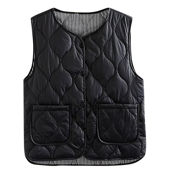 Htigea Sleeveless Jackets for Women Snap Button Quilted Vest Solid Waistcoat Lightweight Everyday Casual Gilet with Pocket Black XXXL
