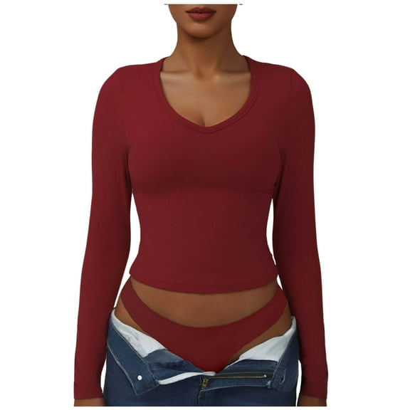 Htigea Slim Long Sleeve Shirts for Women Solid V-Neck Pullover Stretch Yoga Workout Tops Fall Cropped Tshirts Red XL
