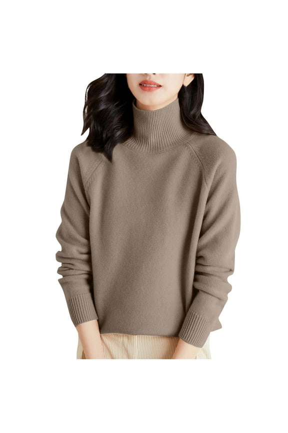 Solid Sweater for Women High Neck Raglan Long Sleeve Tops Ribbed Knit Pullover Dressy Work Jumper Sweaters Bronze L
