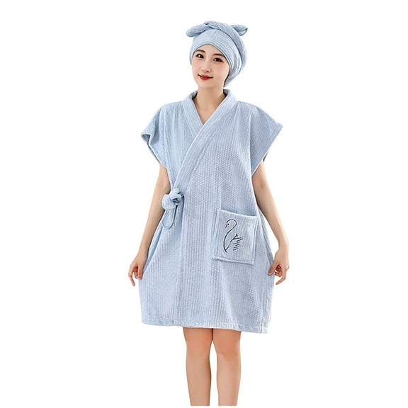 Htigea Spa Robe Set for Women Cute Shower Wrap Robes with Hair Towel Soft Comfy Lace Up Bathrobe Blue,Free Size