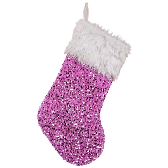 Htigea Sparkly Sequin Christmas Stocking with White Fluffy Cuff Xmas Hanging Stocking for Fireplace Mantel, Christmas Tree Decor, Holiday Gift Candy Bag, Large 17.7in x10.2in Hot Pink Free Size