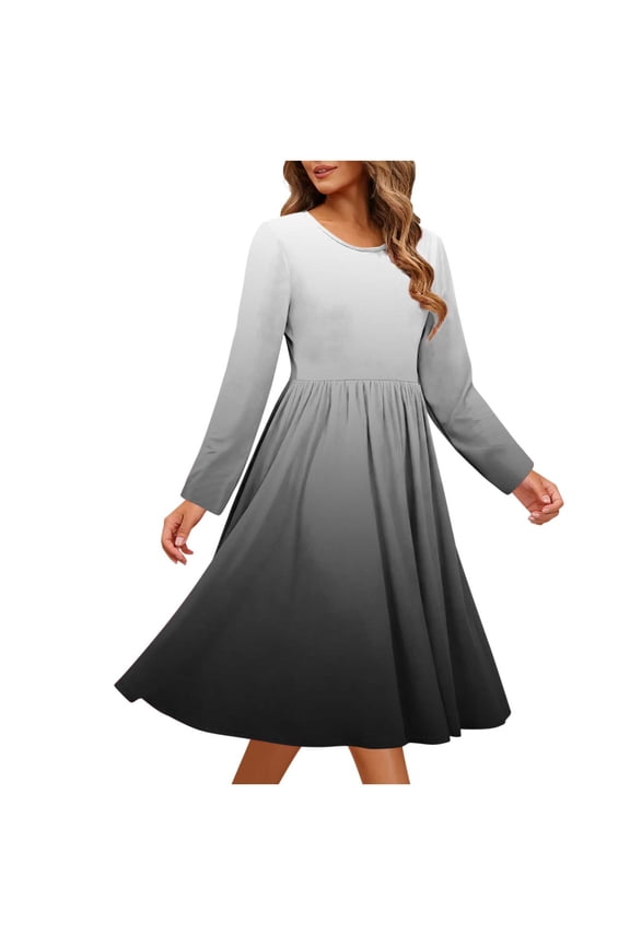 Spring Midi Dresses for Women Long Sleeve Flowy A-Line Dress Casual Crewneck Sundress Soft Comfy Homewear Sleepdress Black S