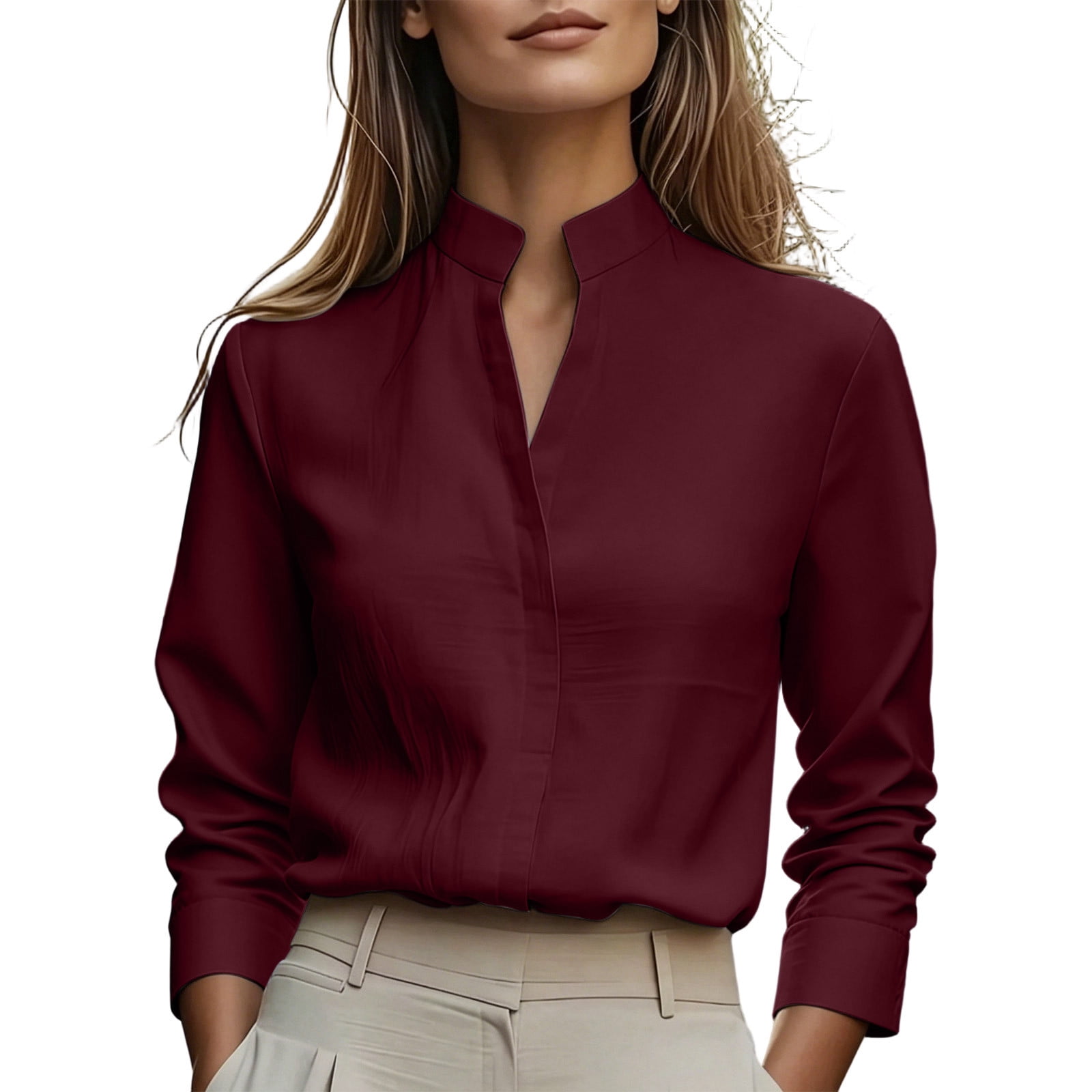 Htigea Stand Collar Blouse for Women Fall V Neck Long Sleeve Top