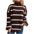 thumbnail image 1 of Htigea Striped Knit Sweater for Women Casual High Neck Long Sleeve Pullover Loose Fit Sweaters Tops Brown S, 1 of 5