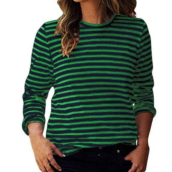 Htigea Striped Shirts for Women Crewneck Long Sleeve Tops Casual Everyday Tees Pullovers Green L