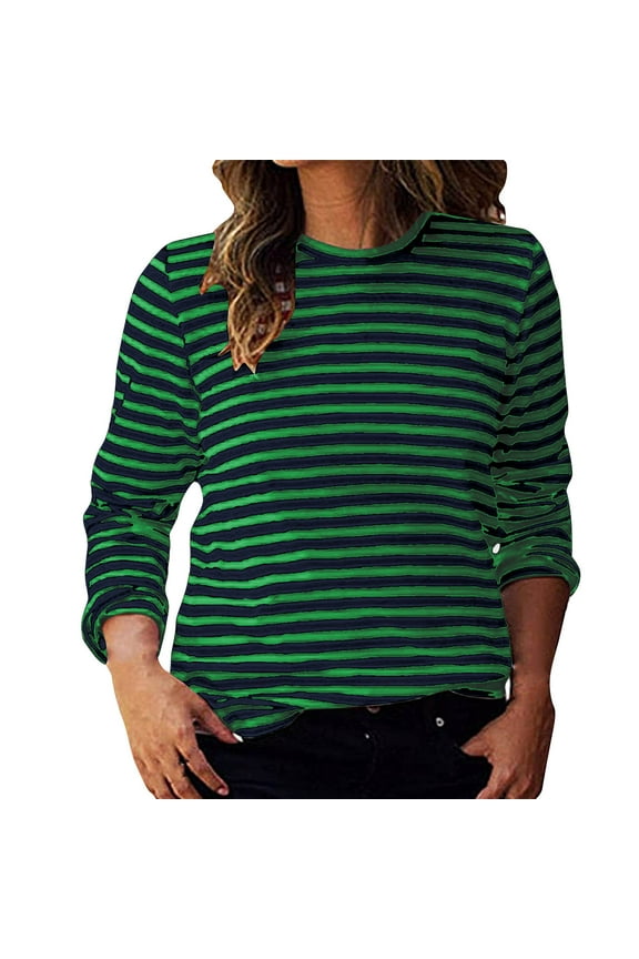 Striped Shirts for Women Crewneck Long Sleeve Tops Casual Everyday Tees Pullovers Green M