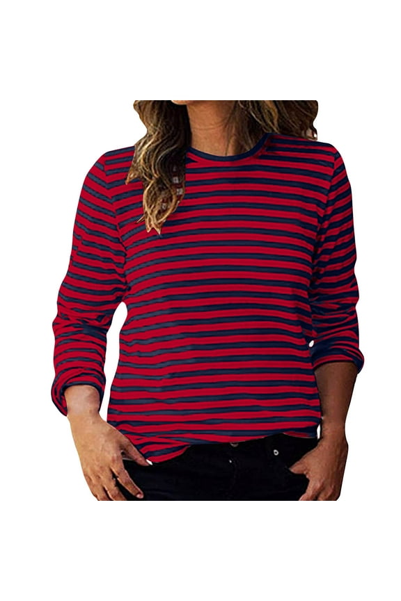 Striped Shirts for Women Crewneck Long Sleeve Tops Casual Everyday Tees Pullovers Hot Pink 2XL