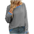 thumbnail image 1 of Htigea Striped Sweater for Women Casual Crewneck Long Sleeve Preppy Sport Pullover Tops Fall Fashion Knit Sweaters Sky Blue M, 1 of 6