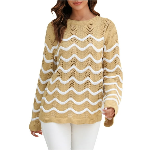 Htigea Striped Sweater for Women Color Block Long Sleeve Crewneck Jumpers Casual Loose Fit Knit Sweaters Soft Comfy Pullover Tops Khaki S