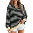 thumbnail image 1 of Htigea Striped Sweatshirts for Women Oversized V Neck Long Sleeve Top Casual Loose Pullover Fall Shirt Gray S, 1 of 6