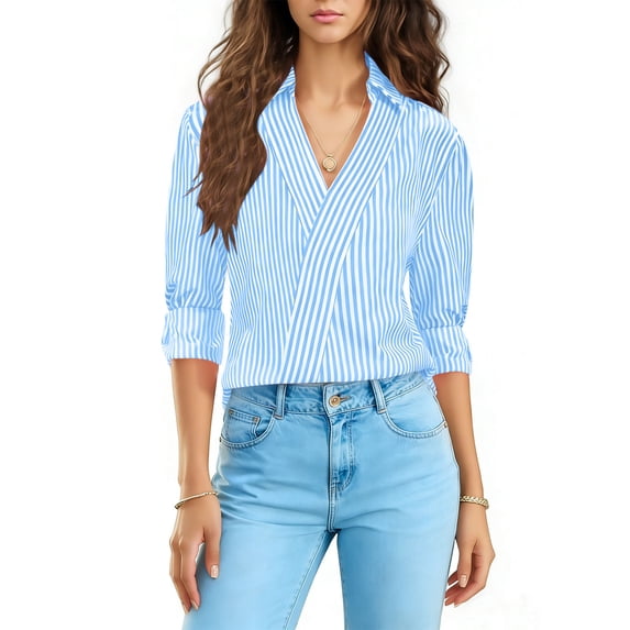 Htigea Striped Tops for Women 3/4 Length Sleeve Dressy V Neck Collared Shirts Trendy Office Work Blouses Blue L