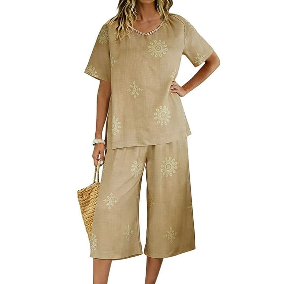 Htigea Summer 2 Piece Sets for Women V-Neck Short Sleeve Shirts and Capri Pants Casual Outfits Beachwear Khaki XXL