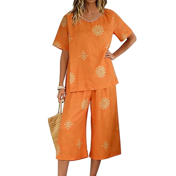 Htigea Summer 2 Piece Sets for Women V-Neck Short Sleeve Shirts and Capri Pants Casual Outfits Beachwear Orange S