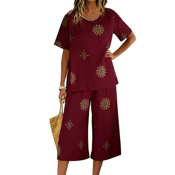 Htigea Summer 2 Piece Sets for Women V-Neck Short Sleeve Shirts and Capri Pants Casual Outfits Beachwear Wine XL
