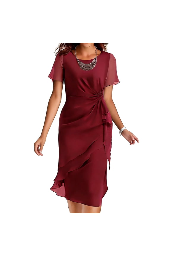 Summer Chiffon Dress for Women Short Sleeve Ruched Layered Midi Dresses Elegant Wedding Guest Party Gown Wine S