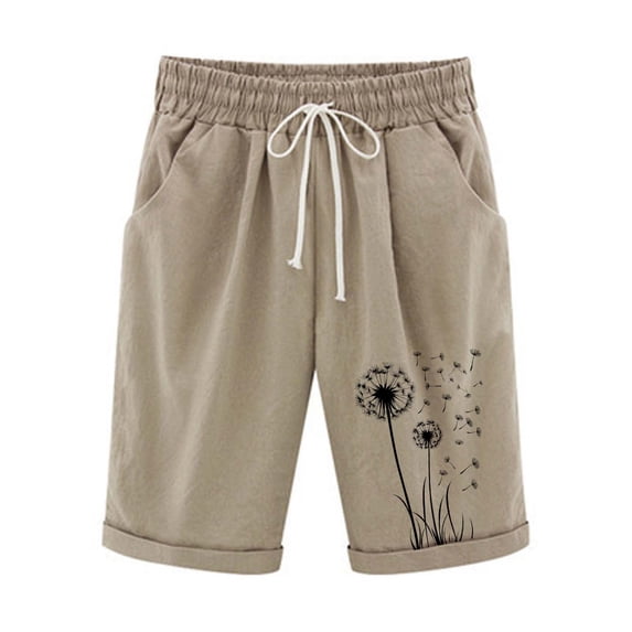 Htigea Summer Knee Length Shorts for Women Cotton Linen Bermuda Shorts Drawstring Elastic Waist Casual Beach Shorts Khaki M